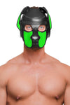 Captured from the chest up, the facing forward model is wearing a black leather pup hood, with neon green ears and snout.