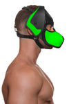 Side view of a muscular man modelling an original ARMY OF MEN RANGER pup hood, with fluorescent green snout and ears.