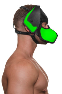 Side view of a muscular man modelling an original ARMY OF MEN RANGER pup hood, with fluorescent green snout and ears.