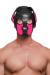 Shirtless man in an adorable ARMY OF MEN leather pup hood, with fluorescent pink ears and snout, and matte black hardware.