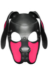 Front view of an all-leather ARMY OF MEN pup mask with neon pink snout and ears, and matte black snaps and rivets.