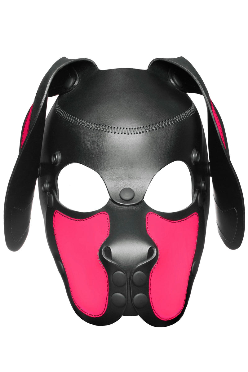 Front view of an all-leather ARMY OF MEN pup mask with neon pink snout and ears, and matte black snaps and rivets.