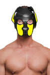 Bare-chested man, facing forward, in an ARMY OF MEN black leather RANGER pup hood with fluorescent yellow ears and snout.