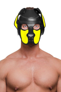 Bare-chested man, facing forward, in an ARMY OF MEN black leather RANGER pup hood with fluorescent yellow ears and snout.