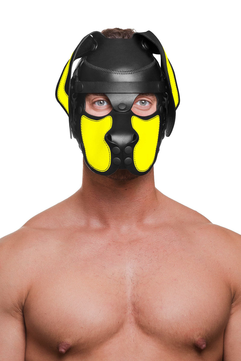 Bare-chested man, facing forward, in an ARMY OF MEN black leather RANGER pup hood with fluorescent yellow ears and snout.