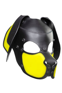 Three-quarter view of an original ARMY OF MEN leather RANGER pup mask with fluorescent yellow ears and snout.