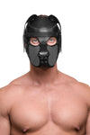 Facing the lens, a bare-chested male model is posing in an all leather black and grey pup hood, with matte black hardware.