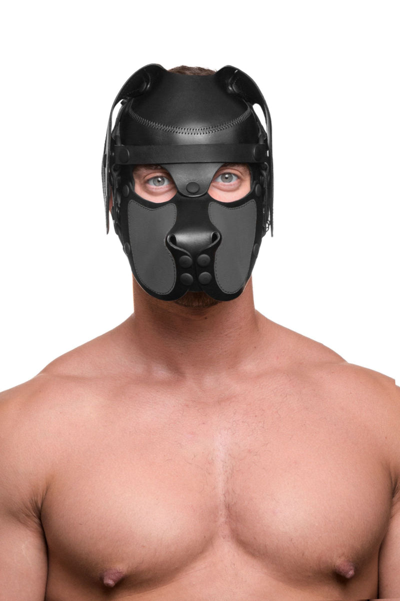 Facing the lens, a bare-chested male model is posing in an all leather black and grey pup hood, with matte black hardware.