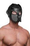 Well-built male model, posed at a slight angle, in a leather pup hood, with grey ears, snout and matte black metal hardware.