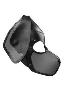 Side profile of an Australian made leather RANGER pup mask with grey ears and snout, and matte black metal rivets and snaps.