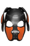 Front view of an ARMY OF MEN leather pup mask with orange detail on the floppy ears and snout.