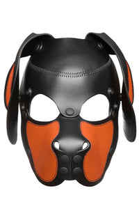 Front view of an ARMY OF MEN leather pup mask with orange detail on the floppy ears and snout.