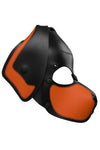 Side view of an orange and black leather ARMY OF MEN RANGER pup mask with heavy-duty matte black metal rivets and snaps.