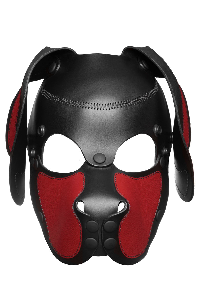 Front on product photo of an Australian made red and black leather RANGER pup mask with matte black metal snaps and rivets.