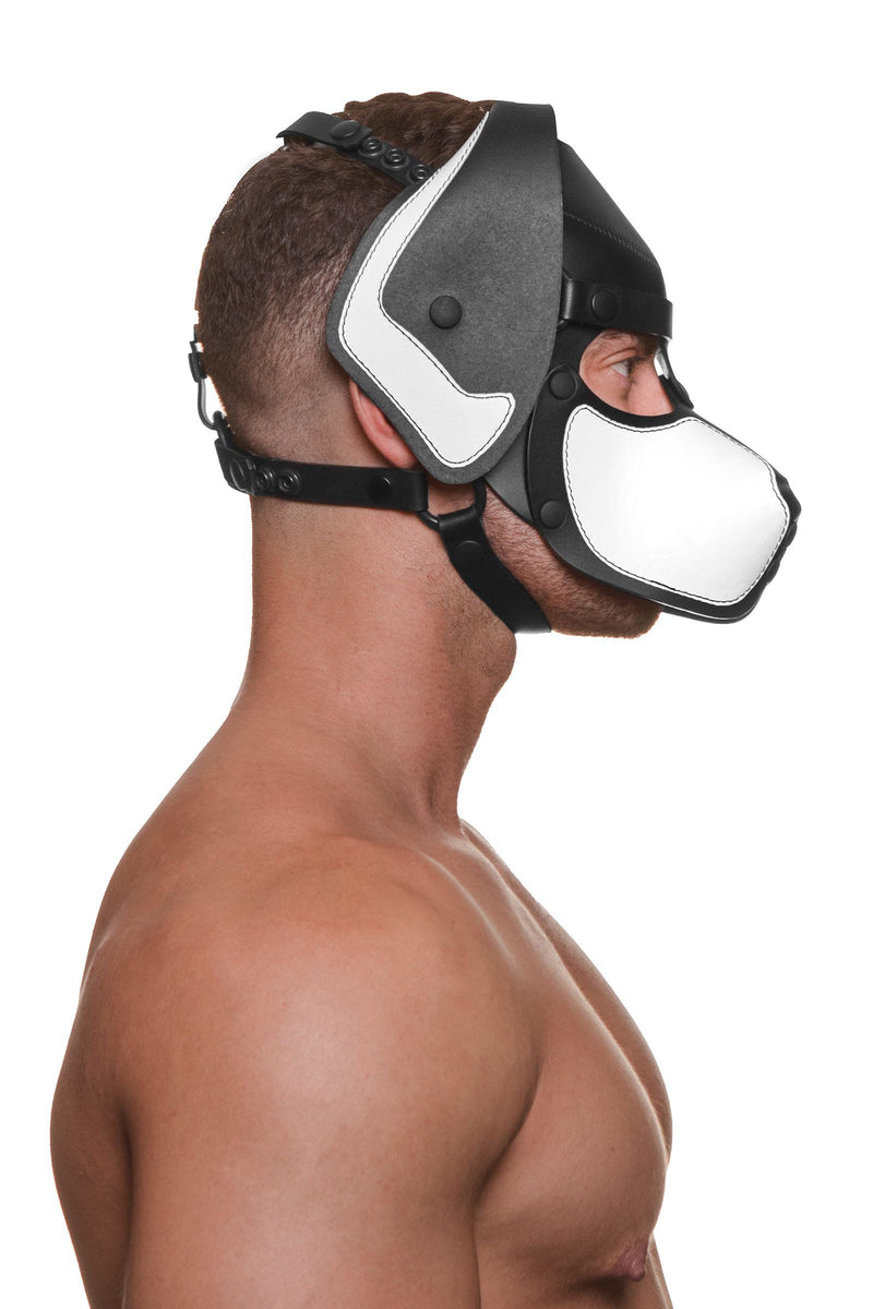 A male model, captured in profile, wearing a black and white leather ARMY OF MEN pup hood, with durable black metal hardware.