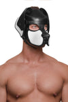 Seductive, shirtless model looking over his shoulder, dressed only in an ARMY OF MEN black and white leather RANGER hood.