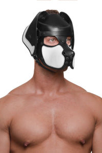 Seductive, shirtless model looking over his shoulder, dressed only in an ARMY OF MEN black and white leather RANGER hood.