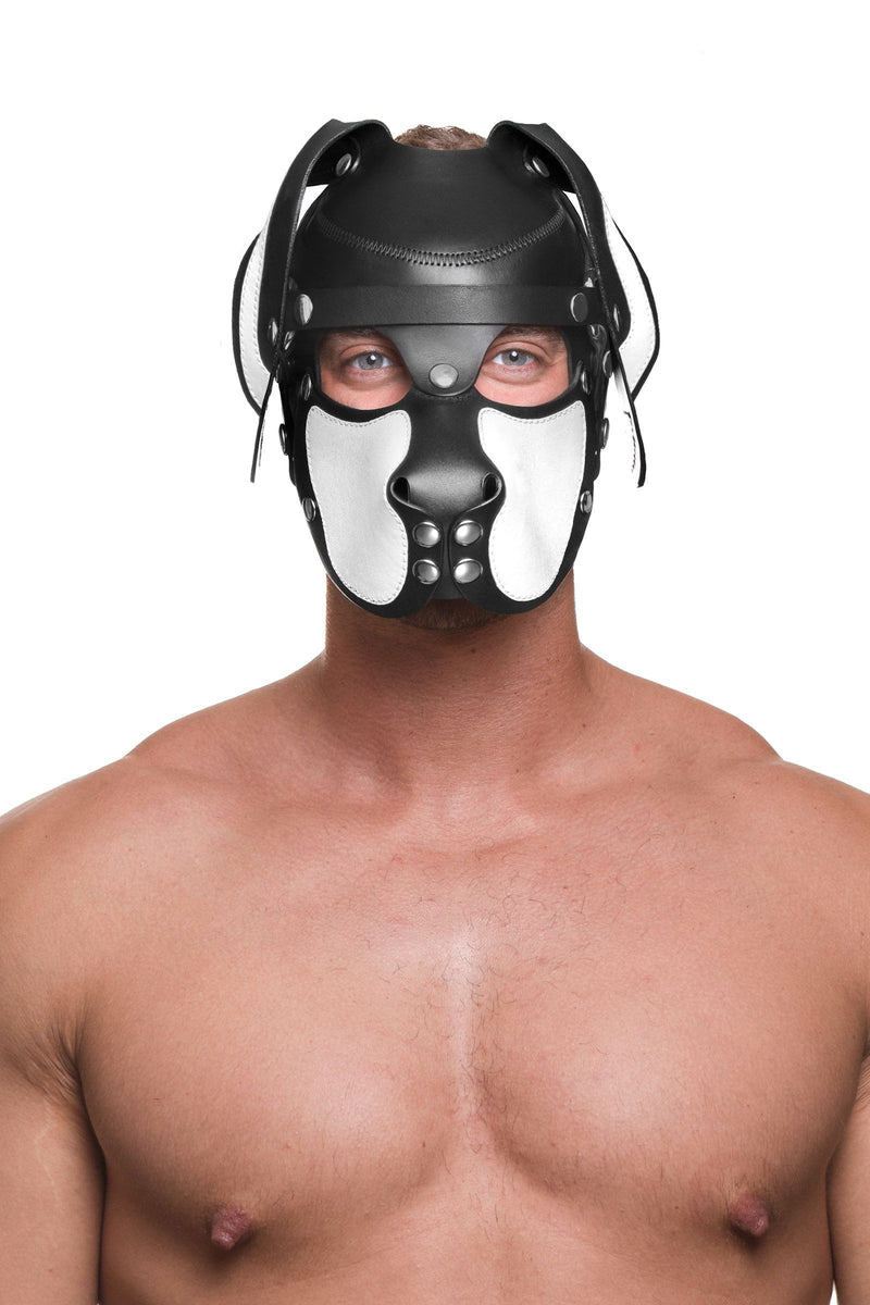 Muscular man modelling an ARMY OF MEN black and white leather RANGER pup hood with stainless steel hardware. Front view.
