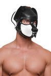 Model in a three-quarter pose from the chest up, in a black and white leather RANGER pup hood with stainless steel elements.