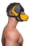 Pictured from the side, a bare-chested male model wears a handmade leather ARMY OF MEN pup hood, with yellow snout and ears.