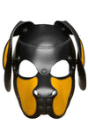 Front-facing product photo of a yellow-eared leather pup mask with hard-wearing matte black metal snaps and rivets.