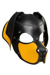 Three-quarter view of ARMY OF MEN RANGER pup mask with yellow ears and snout, and matte black metal snaps and rivets.