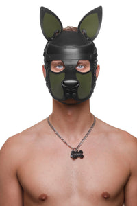 Athletic male model wearing only an original ARMY OF MEN all leather SCOUT pup hood, featuring army green snout and ears.