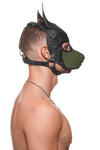 Toned male model styled only in an ARMY OF MEN all leather SCOUT pup hood, with army green ears and snout. Side view.