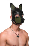 Three quarter view of a fit male model from the chest up, in a handcrafted leather pup hood, with army green ears and snout.