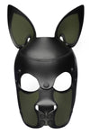 Front product photo of an army green and black leather ARMY OF MEN pup mask with matte black rivets.