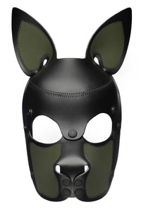 Front product photo of an army green and black leather ARMY OF MEN pup mask with matte black rivets.