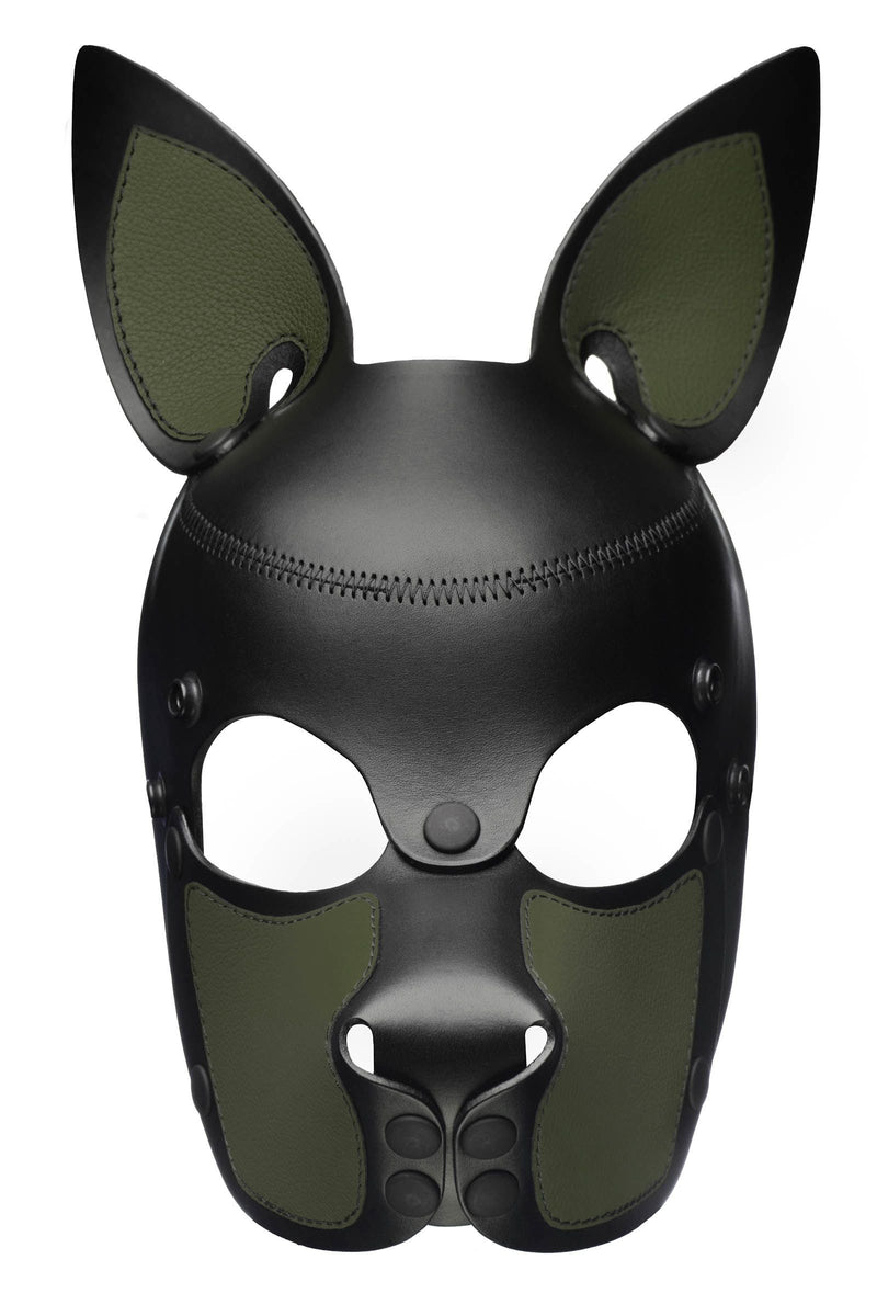 Front product photo of an army green and black leather ARMY OF MEN pup mask with matte black rivets.