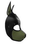 Side profile of an Australian made ARMY OF MEN leather SCOUT pup mask with army green detailing on the ears and snout.