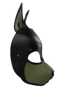 Side profile of an Australian made ARMY OF MEN leather SCOUT pup mask with army green detailing on the ears and snout.