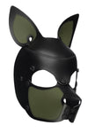 Three-quarter product view of a unique ARMY OF MEN leather SCOUT pup mask with army green snout and ears.