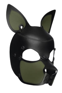 Three-quarter product view of a unique ARMY OF MEN leather SCOUT pup mask with army green snout and ears.