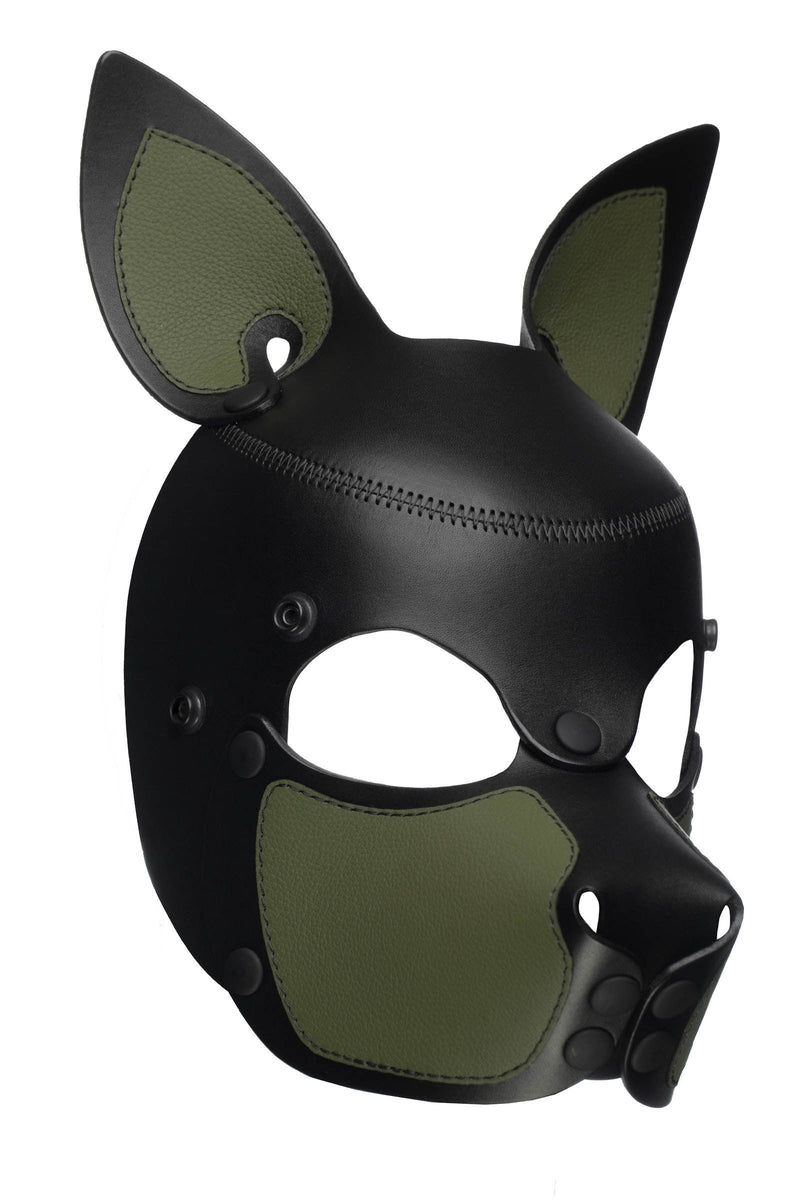 Three-quarter product view of a unique ARMY OF MEN leather SCOUT pup mask with army green snout and ears.