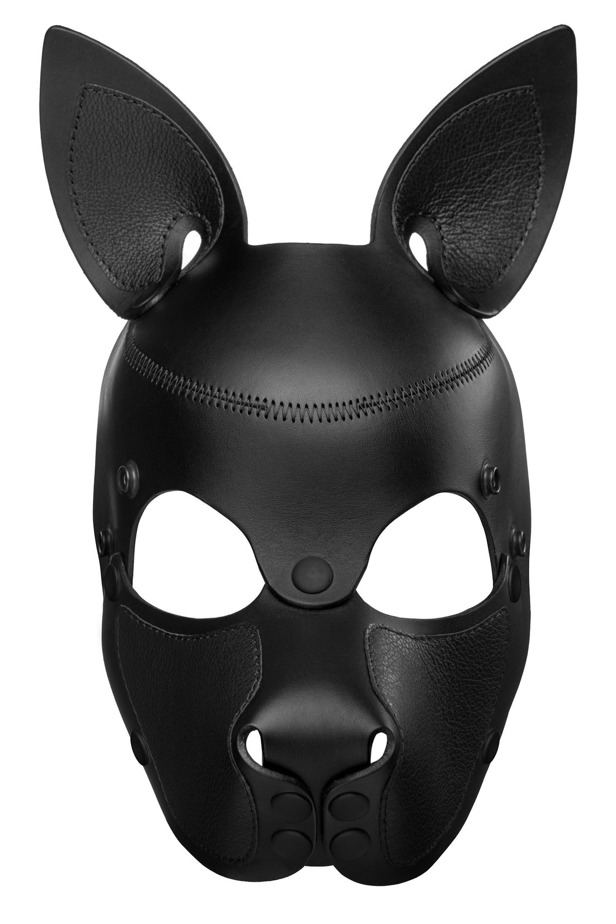 Front view of an all black leather ARMY OF MEN SCOUT pup mask with durable matte black metal rivets.