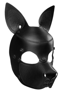 Three-quarter view of a distinctive ARMY OF MEN black leather SCOUT pup mask with cute pointy ears.