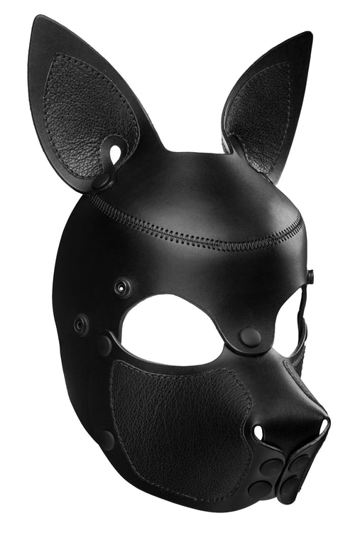 Three-quarter view of a distinctive ARMY OF MEN black leather SCOUT pup mask with cute pointy ears.