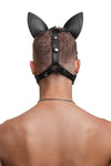 The rear view of a male model wearing an ARMY OF MEN SCOUT pup hood, with durable stainless steel rings and snaps caps.