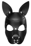 Woof! Front view of a quality ARMY OF MEN all black leather SCOUT pup mask with stainless steel snaps caps and rivets.