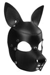 Three-quarter view of an ARMY OF MEN black leather SCOUT pup mask featuring stainless steel snap and rivet caps.