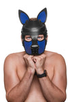 Facing the camera, the male model in a cute pose is wearing a distinctive ARMY OF MEN black and blue all-leather pup hood.