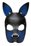 Front view of an Australian-made leather pup mask with blue ears and snout, with durable matte black metal rivets.