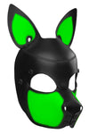 Three-quarter product view of a distinctive ARMY OF MEN leather pup mask with fluorescent green snout and ears.