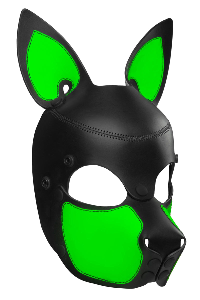 Three-quarter product view of a distinctive ARMY OF MEN leather pup mask with fluorescent green snout and ears.