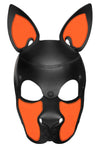 Front product photo of a black leather SCOUT pup mask with neon orange ears and snout, and matte black rivets.