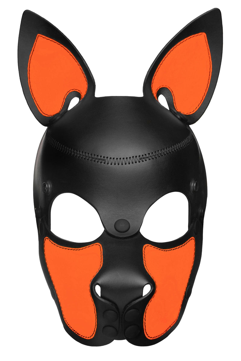Front product photo of a black leather SCOUT pup mask with neon orange ears and snout, and matte black rivets.