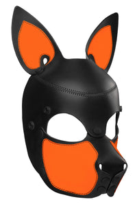 Three-quarter view of an Australian made leather pup mask with fluorescent orange ears, and matte black rivets.